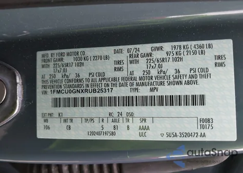 2024 Ford Escape Active z USA, uszkodzony, nr VIN 1FMCU0GNXRUB25317